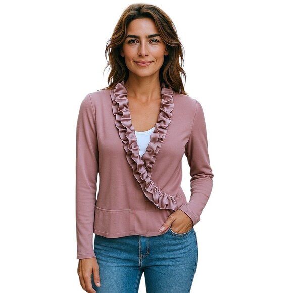 Joseph Ribkoff Satin Ruffle Faux Wrap Blouse Pink Size 14 Holiday Glam Formal - Picture 1 of 12